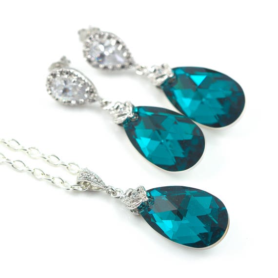 Teal Swarovski Crystal Jewelry Set, Rhodium Plated Necklace and Earrings BZ32JS