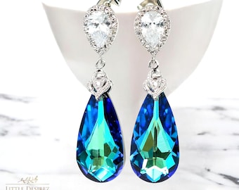 Pendientes de novia, pendientes de circonita cúbica, joyería nupcial, pendientes azules, pendientes colgantes azules Bermuda, regalo para damas de honor, plata de ley BB33P