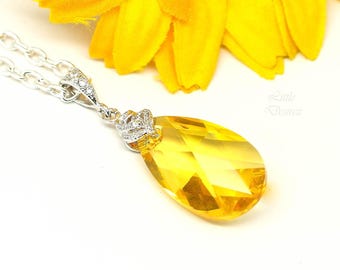 Collar de cristal Swarovski amarillo, collar con colgante de girasol, regalo de joyería para damas de honor, collar de lágrima de topacio claro, joyería de boda LT32N