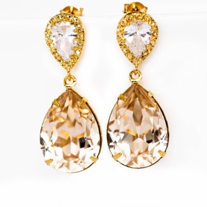 Champagne Earrings Gold Bridal Earrings Silk Earrings Gold Earrings Light Peach Teardrop Earrings Crystal Earrings Bridesmaid Gift CH31P