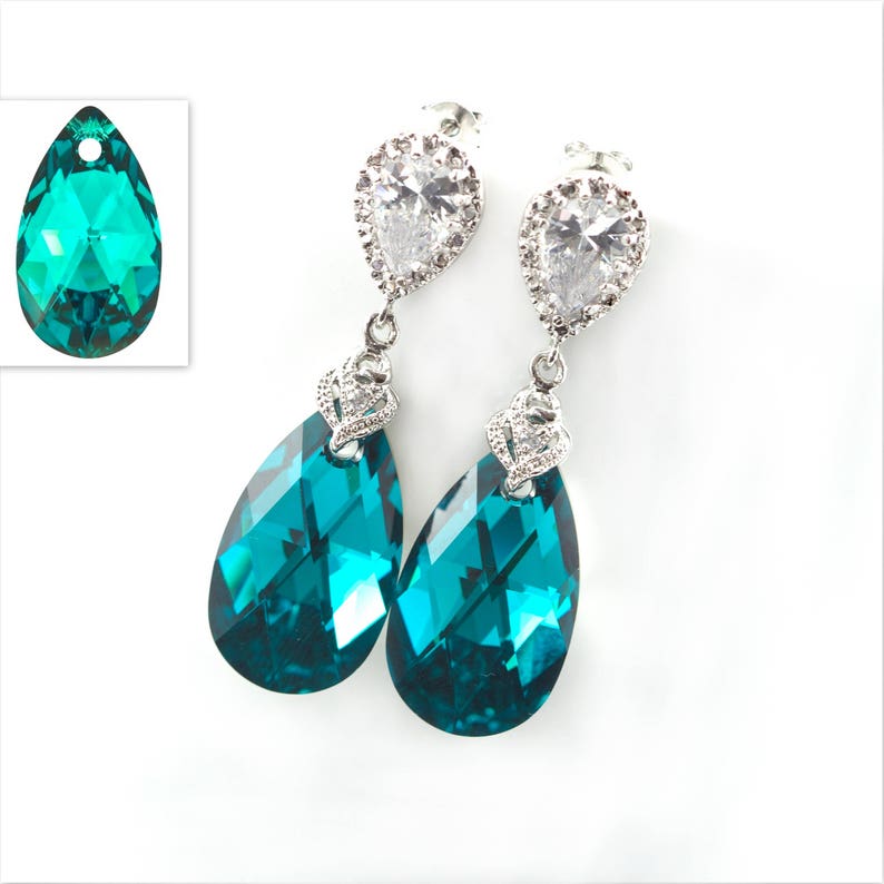 Teal Swarovski Crystal Jewelry Set, Rhodium Plated Necklace and Earrings BZ32JS image 2