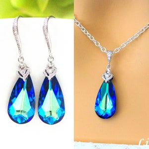 Bermuda Blue Crystal Necklace & Earrings Set Teal Blue Something Blue Peacock Jewelry Bridesmaid Maid of Honor Gift BB33JS