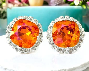 Orange Pink Stud Earrings Fuchsia Orange Earrings Large Stud Earrings Bridesmaid Jewelry Astral Pink  Crystal Cushion Cut AP50S