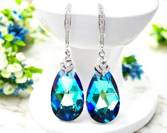 Pendientes de novia azul Bermuda - Cristales Swarovski, joyería nupcial azul pavo real, regalo personalizado para damas de honor, boda con algo azul BB32H