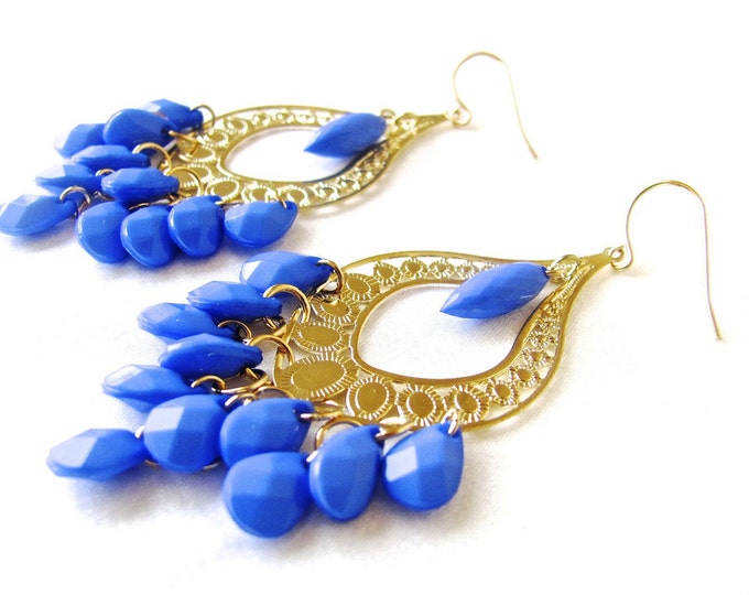 Blue Chandelier Earrings, Royal Blue Earrings, Blue and Gold ...