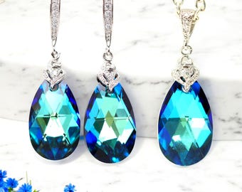 Conjunto de joyas de pavo real, conjunto de pendientes y collar de novia azul Bermuda, pendientes de araña de novia azules, pendientes de cristal azul verdoso BB32JS