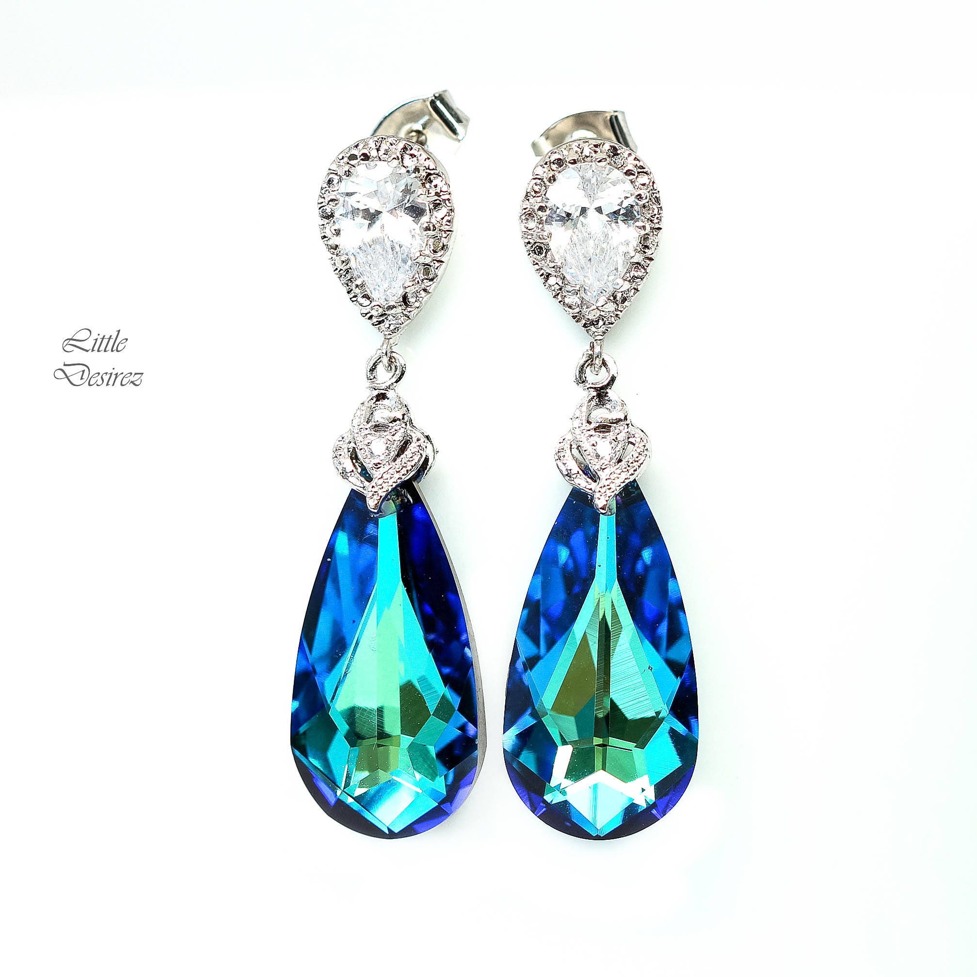 Blue Flower Two Tone CZ Earrings
