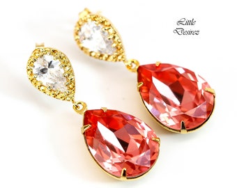 Coral Earrings Peach Earrings Bridal Earrings  Rose Peach Crystal Gold Earrings Bridesmaid Earrings Beach Wedding Jewelry CO31P