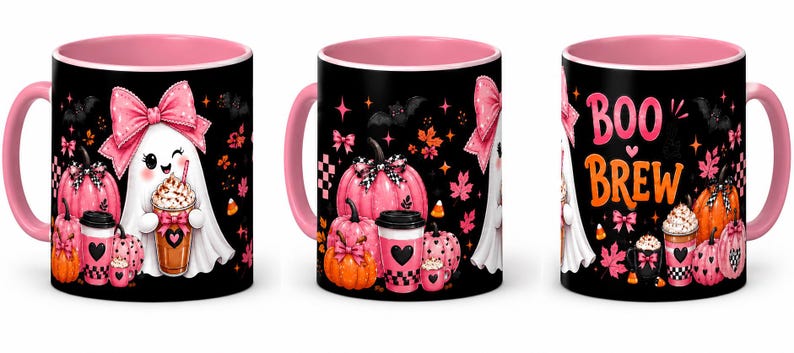 May include: A black ceramic mug with a pink interior and handle, featuring a graphic of a white ghost wearing a pink bow, holding a coffee cup, surrounded by pink and orange pumpkins, autumn leaves, bats, and the text BOO BREW in pink and orange.