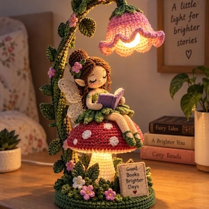 May include: A crochet lamp featuring a fairy with brown hair sitting on a red and white spotted mushroom. The fairy reads a purple book under a pink flower-shaped light. A green vine with pink flowers curves overhead. A sign reads Good Books Brighter Days.
