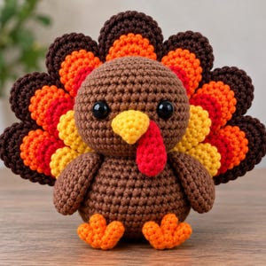 Puede incluir: Una figura de pavo tejida a ganchillo con un cuerpo redondo marrón, un pico amarillo y una carúncula roja brillante. La cola está compuesta por plumas superpuestas en tonos marrón oscuro, naranja, rojo y amarillo. Tiene dos ojos negros.