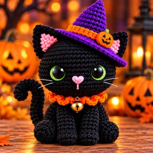 Könnte beinhalten: Eine schwarze, gehäkelte Katzenfigur mit einem violetten Hexenhut, der ein orangefarbenes Band und einen kleinen Kürbis als Akzent aufweist. Die Katze hat große grüne Augen, eine rosa herzförmige Nase, weiße Schnurrhaare und einen orangefarbenen Kragen.