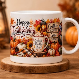 Thanksgiving-muggomslag PNG, tacksam tacksam välsignad sublimeringsdesign, digital nedladdning av höstmugg