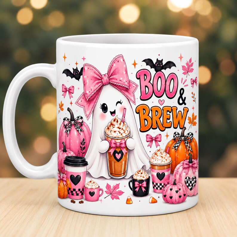 May include: A white ceramic mug featuring a cartoon ghost wearing a large pink bow and holding a coffee cup. The design includes orange and pink pumpkins, bats, maple leaves, and the text "BOO & BREW" in orange and pink lettering.