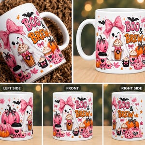 May include: A white ceramic mug featuring a repeating graphic print of a ghost wearing a pink bow, holding a coffee cup, surrounded by pumpkins, bats, and autumn leaves. The text "BOO & BREW" is printed in orange and pink on the mug surface.