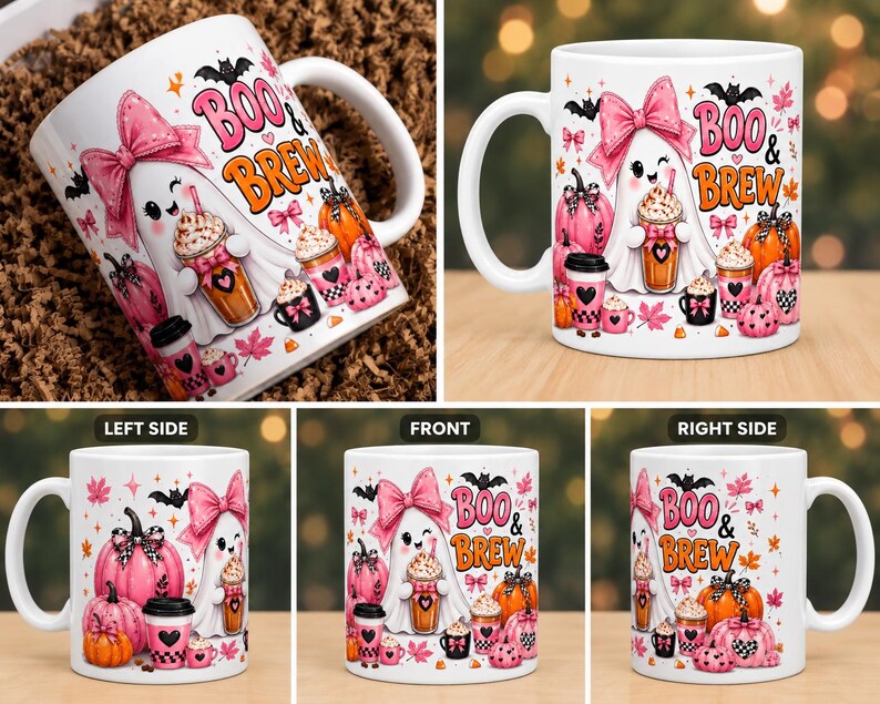 May include: A white ceramic mug featuring a repeating graphic print of a ghost wearing a pink bow, holding a coffee cup, surrounded by pumpkins, bats, and autumn leaves. The text "BOO & BREW" is printed in orange and pink on the mug surface.