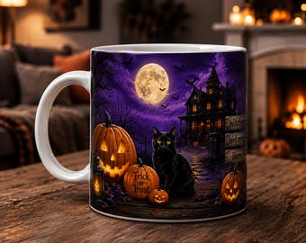 May include: A white ceramic mug featuring a Halloween scene with a black cat, glowing jack-o'-lanterns, a full moon, and a haunted house. The text on a wooden sign reads Witches Welcome Here, and a pumpkin is inscribed with Trick or Treat.