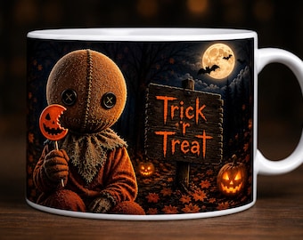 May include: A white ceramic mug featuring a graphic of a burlap-textured character with button eyes holding a pumpkin lollipop. The scene includes a wooden sign with the text Trick 'r Treat, a full moon, bats, and glowing jack-o'-lanterns.