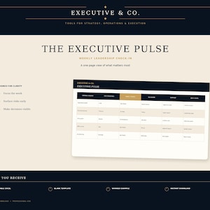 Puede incluir: Una plantilla digital titulada The Executive Pulse de Executive & Co. que presenta una tabla de control de liderazgo semanal con columnas para objetivos, prioridades, áreas de enfoque, decisiones, riesgos y próximos pasos sobre fondo crema.