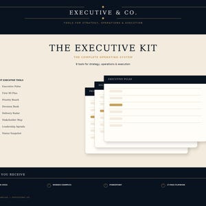 Può includere: Un documento digitale intitolato The Executive Kit, The Complete Operating System, che presenta un elenco di otto strumenti esecutivi tra cui Executive Pulse, First 90 Plan, Priority Board, Decision Bank, Delivery Radar, Stakeholder Map, Leadership Agenda e Status Snapshot.