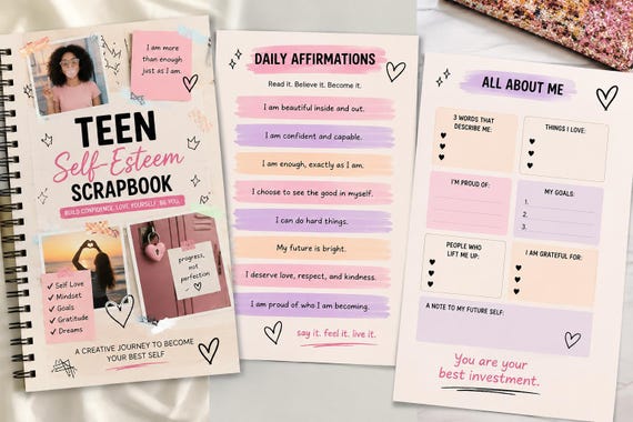 Teen Self-Esteem Scrapbook | Confidence & Affirmation Journal | Printable Teen Wellness Workbook | Digital Download.