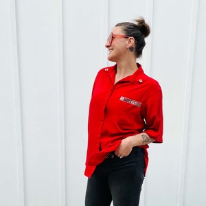 vintage red blouse with studs at pocket