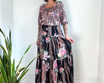 Mittelgroßes Vintage Blumen Bedrucktes Maxi Kleid : Malcom Starr International Schwarzes Blumen Kleid 1970er Jahre Bonwit Teller Stretch Maxi Kleid