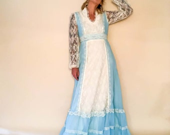 Medium Vintage Prairie Dress : 1970s Wedding Pale Blue Boho