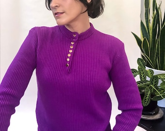 Medium Petite Vintage Purple Ribbed Sweater Mock Neck : Stretchy