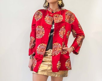 Small Medium Vintage Asian Brocade Lounge Jacket : Red Gold Marshall Field and Co