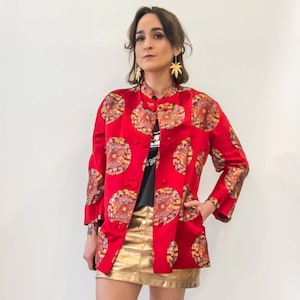 Small Medium Vintage Asian Brocade Lounge Jacket : Red Gold Marshall Field and Co