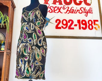 Large Vintage Sequin Hand Beaded Paisley Mini Dress : Sequins Originals Black Jewel Tone Silver Made in India New with Tags