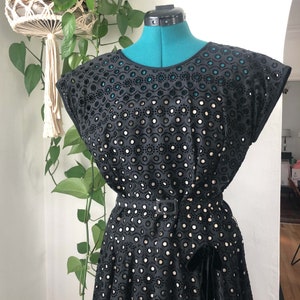 Large Vintage Black Polka Dot Dress with Belt and Bow : 1950s 1960s Dancing Dress