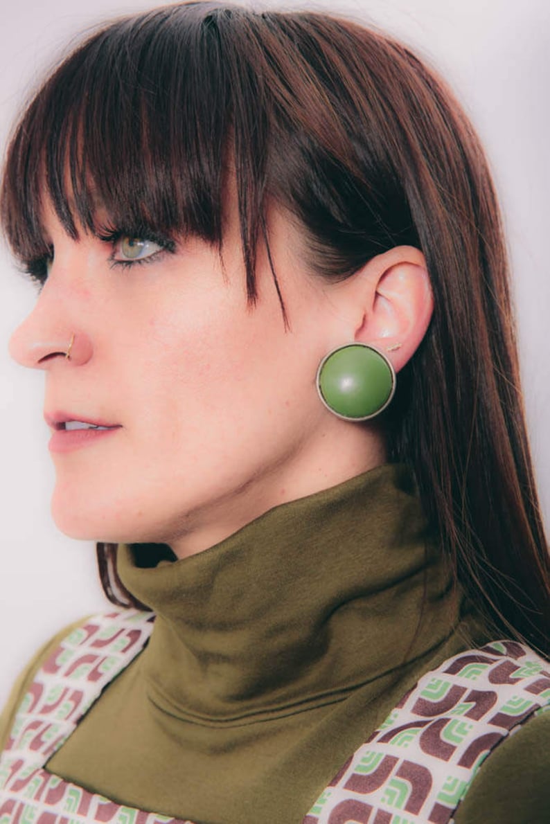vintage green clip on earrings the olive dot earrings large statement olive green