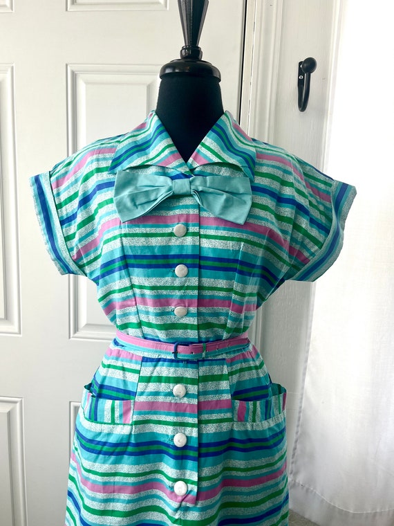 Small Vintage Striped Cotton Dress with Pockets a… - image 6