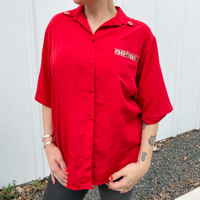 vintage red blouse with studs at pocket
