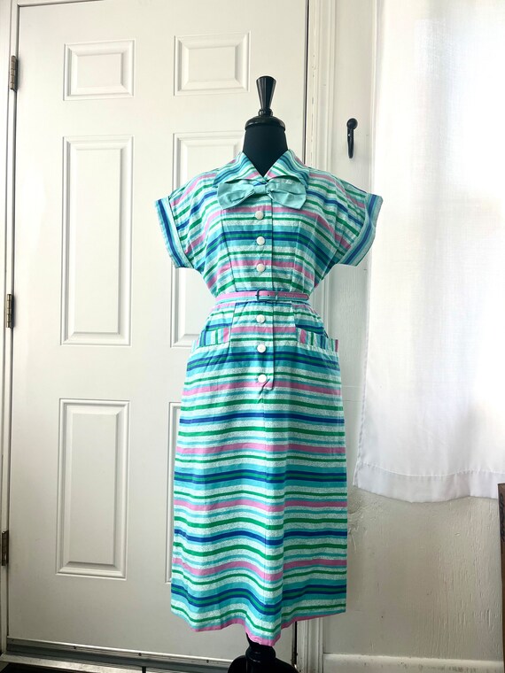 Small Vintage Striped Cotton Dress with Pockets a… - image 7