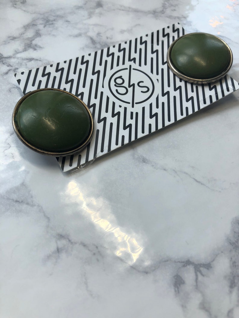 vintage green clip on earrings the olive dot earrings large statement olive green