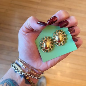 Vintage Gold Tone 1980s Earrings : Pierced Oval Chain Stud Earrings Statement Jewelry