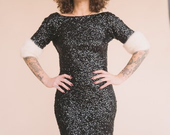 Small Vintage Black Sequin Dress with Fur Trim :  Gene Shelly’s Boutique Internationale California