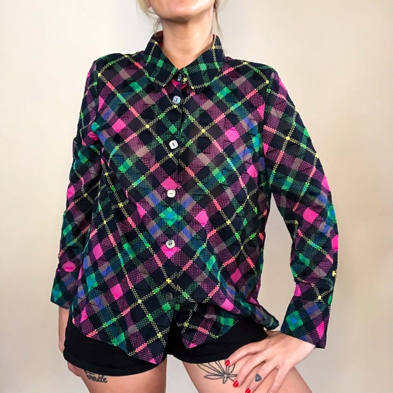 Vintage Checkered Shear Button Up Blouse : Small M