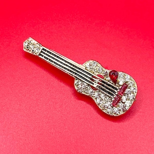 Vintage Guitar Brooch : Silver Rhinestone Red Pink Pin Pinback Gift