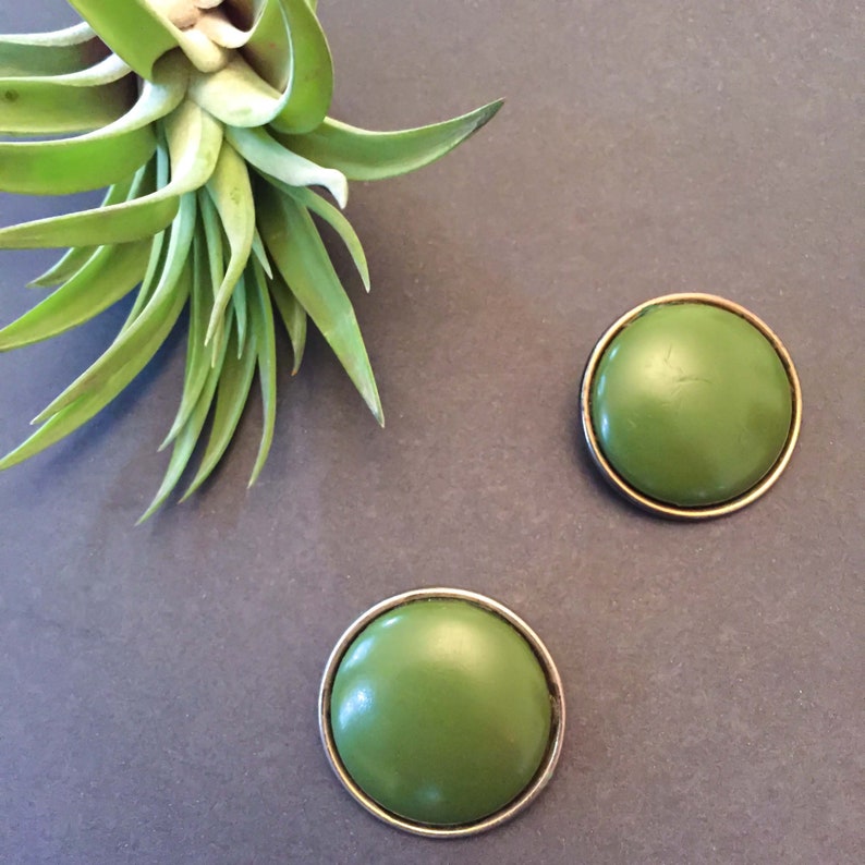 vintage green clip on earrings the olive dot earrings large statement olive green