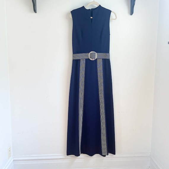 Large Vintage Navy Maxi Dress with Stripes and Be… - image 8