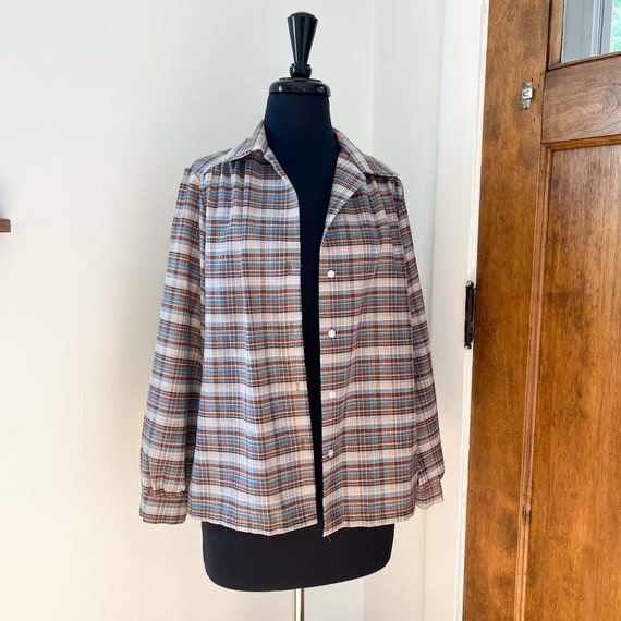 Medium Vintage Plaid Blouse : Brown Tan Blue Ligh… - image 6