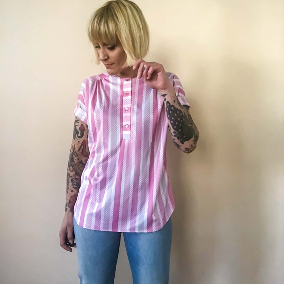 Medium Vintage Pink Stripe Polyester Blouse : Amy… - image 1