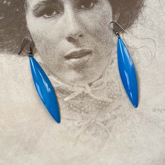 Vintage Blue Earrings : Long Oval 1980s 1990s Sur… - image 4