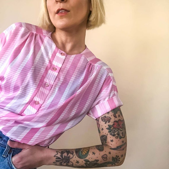 Medium Vintage Pink Stripe Polyester Blouse : Amy… - image 8