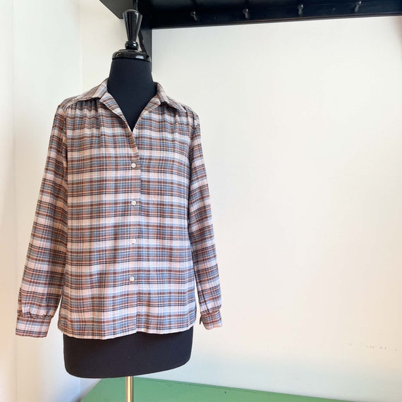 Medium Vintage Plaid Blouse : Brown Tan Blue Ligh… - image 5