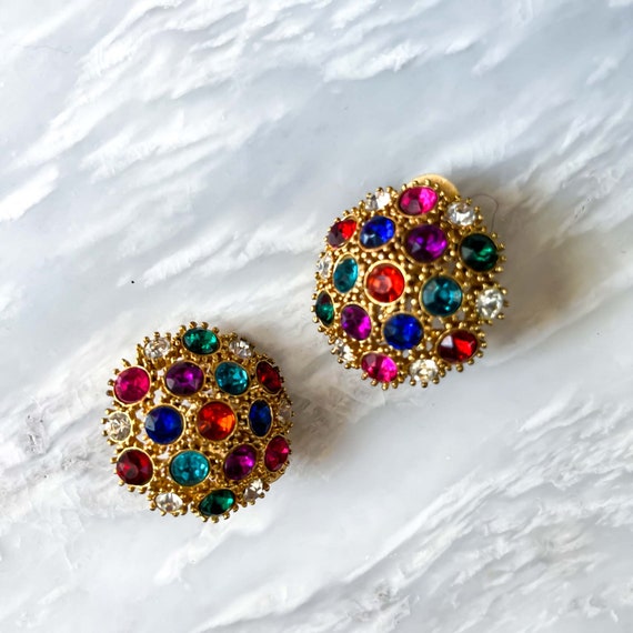 Vintage Rhinestone and Gold Clip On Earrings : Co… - image 1